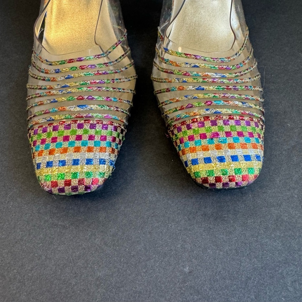 Vintage Gold Rainbow Pumps Clear Metallic Colorful Heels 60s Retro Size 8.5 - Picture 5 of 14